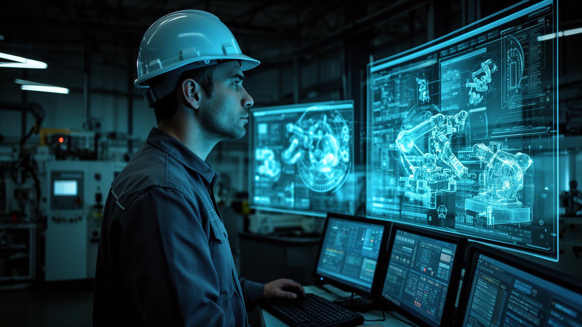 Engenheiro industrial monitorando dashboard holográfico