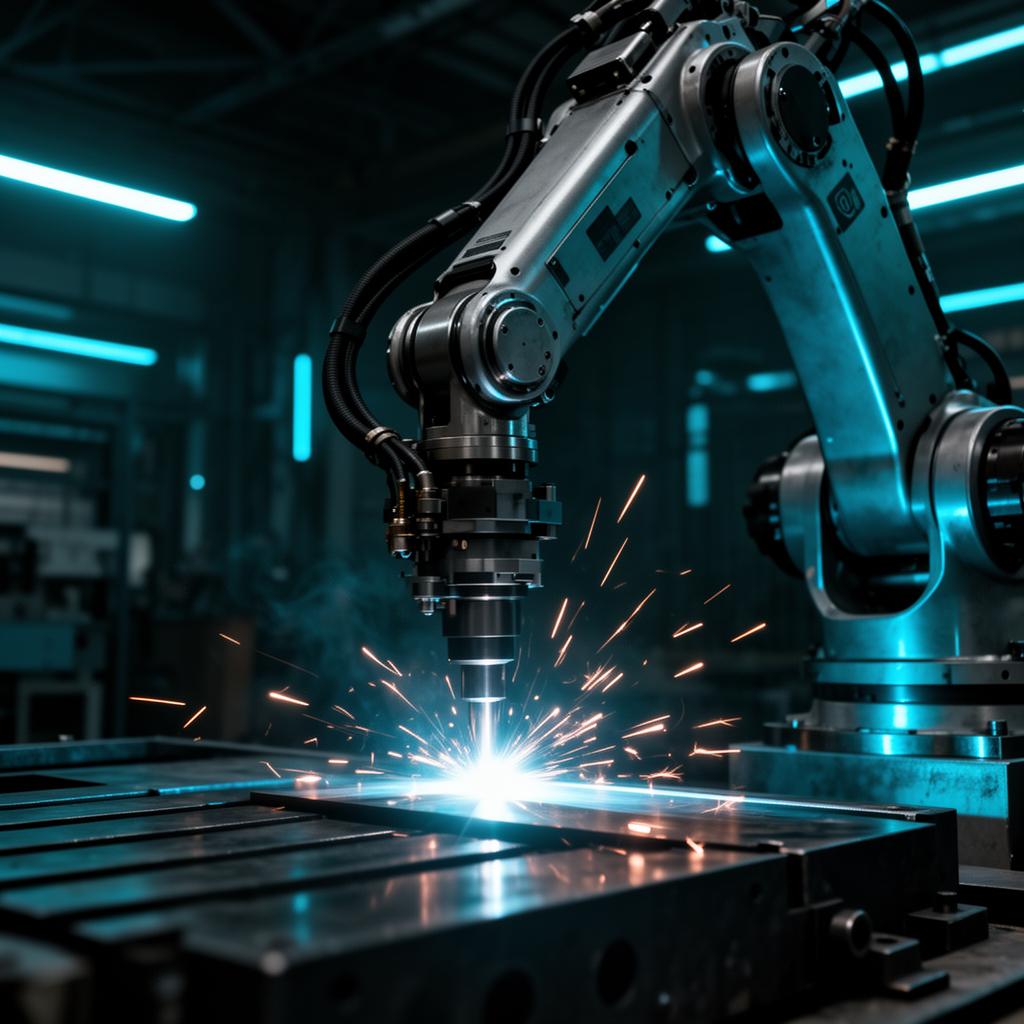 Braço robótico industrial soldando peças em fábrica futurista